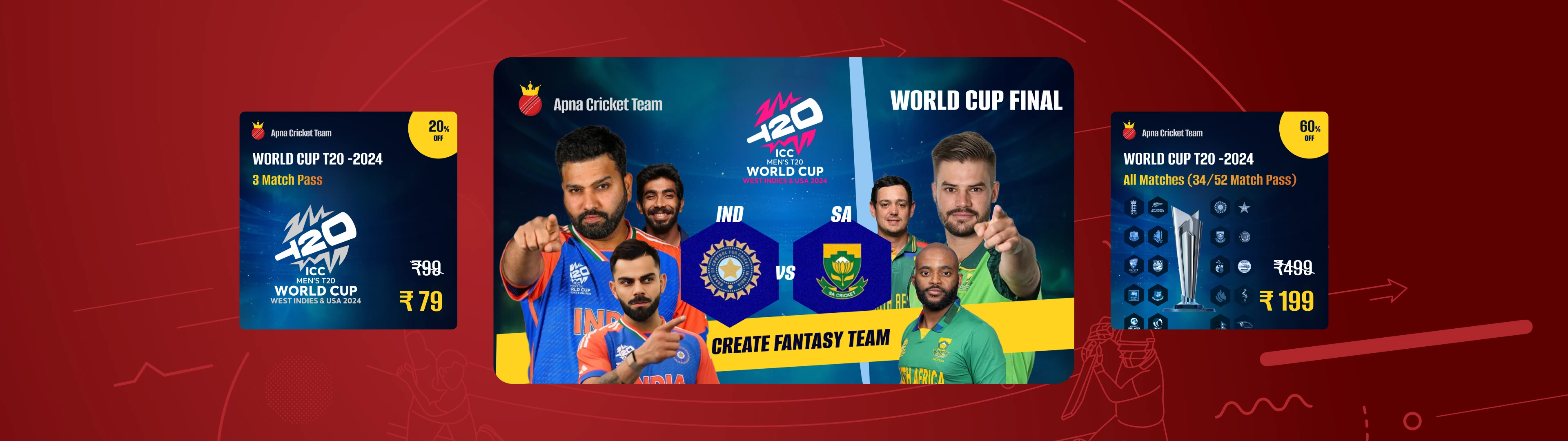 Apna Cricket Team across three phones, with trophies and confetti