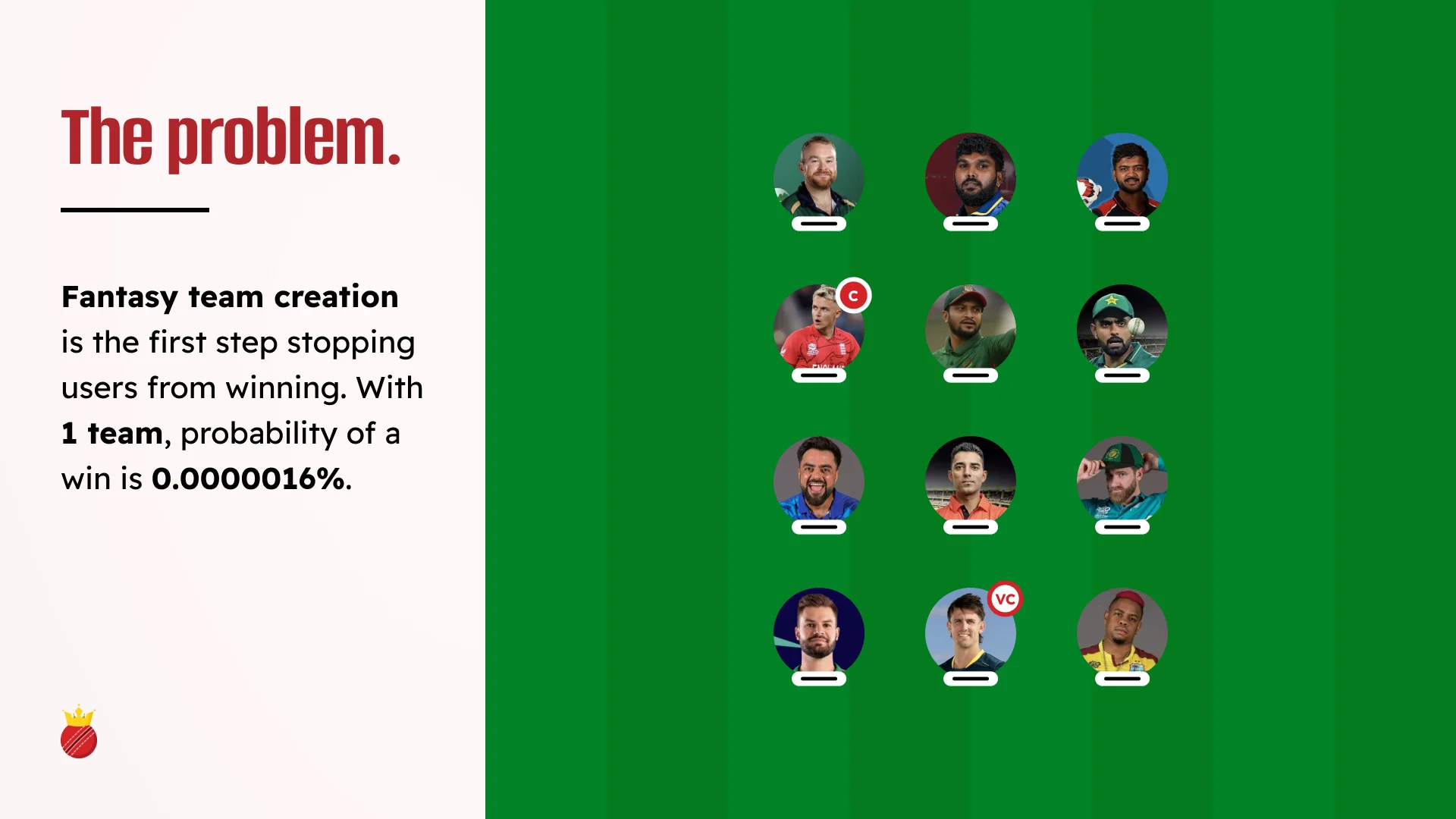 Team creation is where players lose: with a single team, the founding data put the probability of a win at 0.0000016 percent.