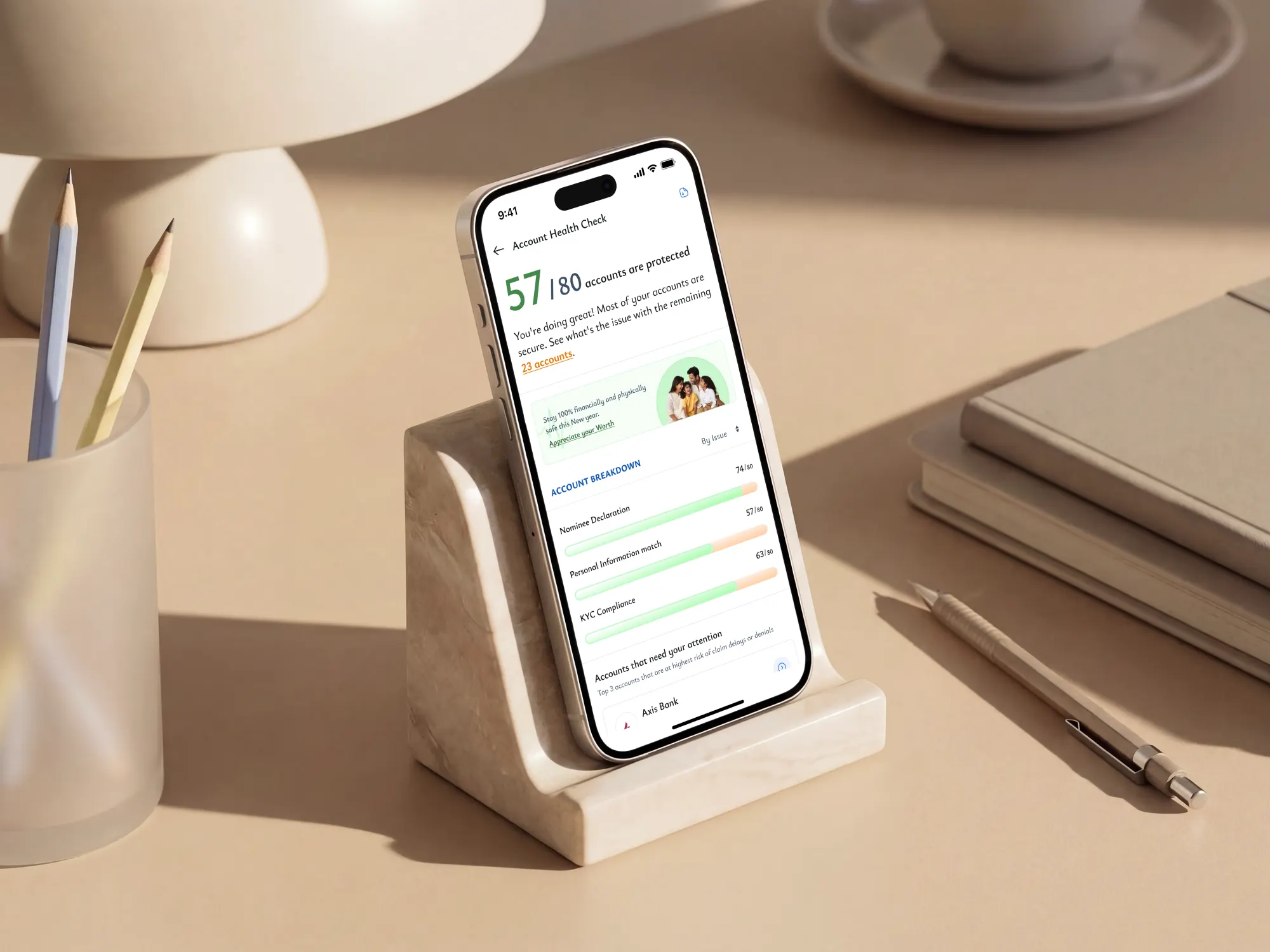 The FOLO Account Health Check screen on a phone: 57 of 80 accounts protected.