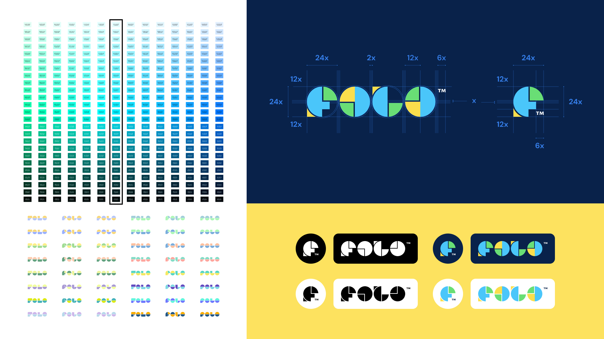 The FOLO brand system: colour ramps, wordmark explorations, logo construction grid.