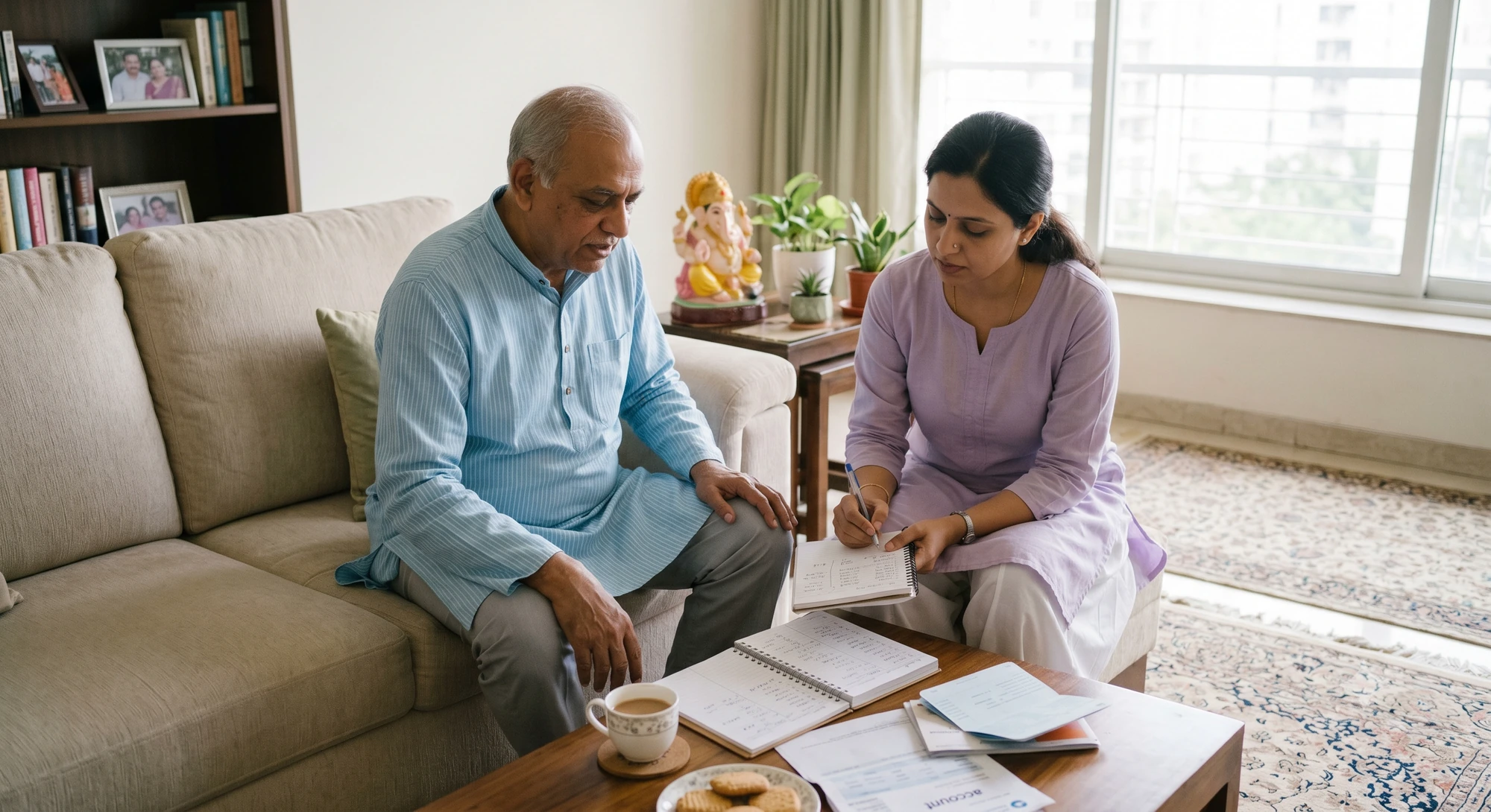A daughter sits with her aging father, writing down each account he owns.