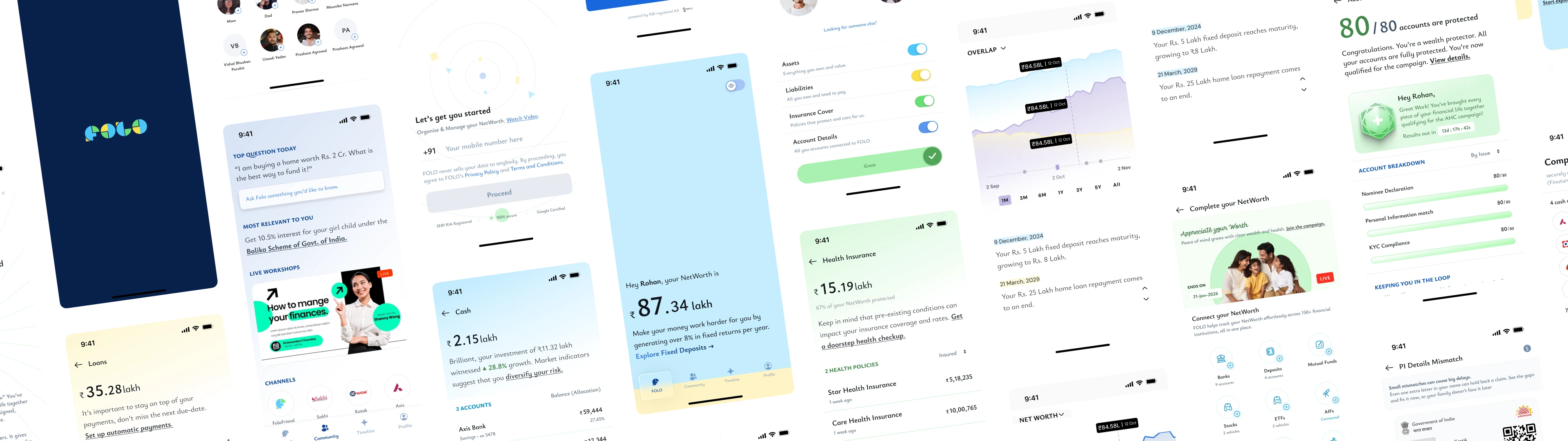 The FOLO app across many screens, from onboarding to net worth, insurance, and analytics