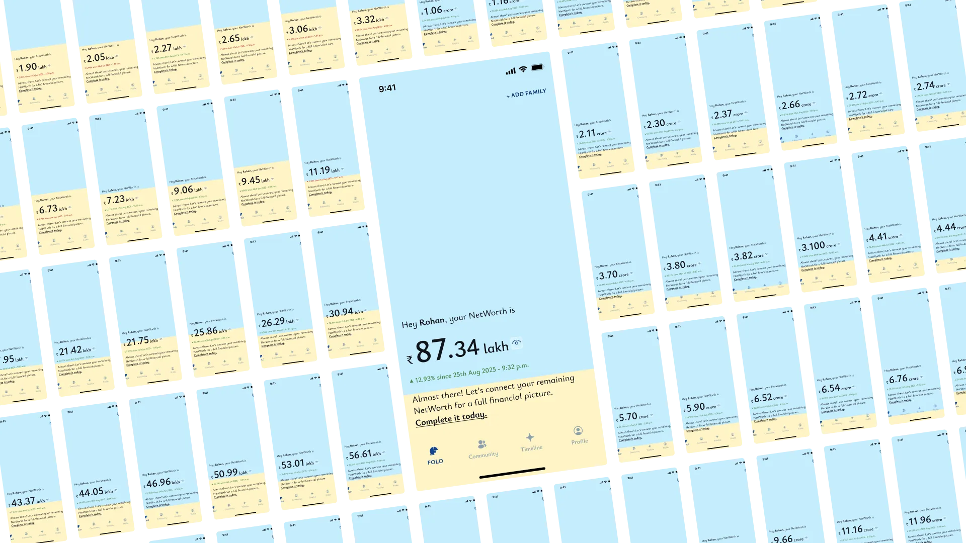 The net worth screen in a hundred states: assets in blue, liabilities in yellow.