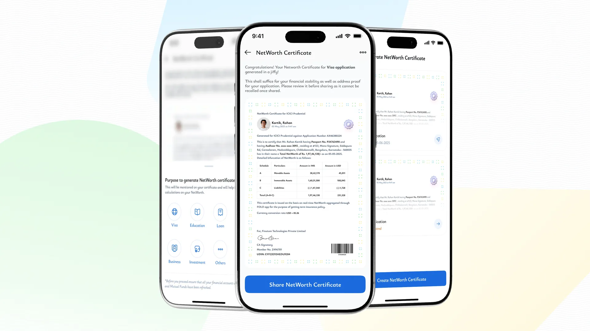 The FOLO NetWorth Certificate across three phones.