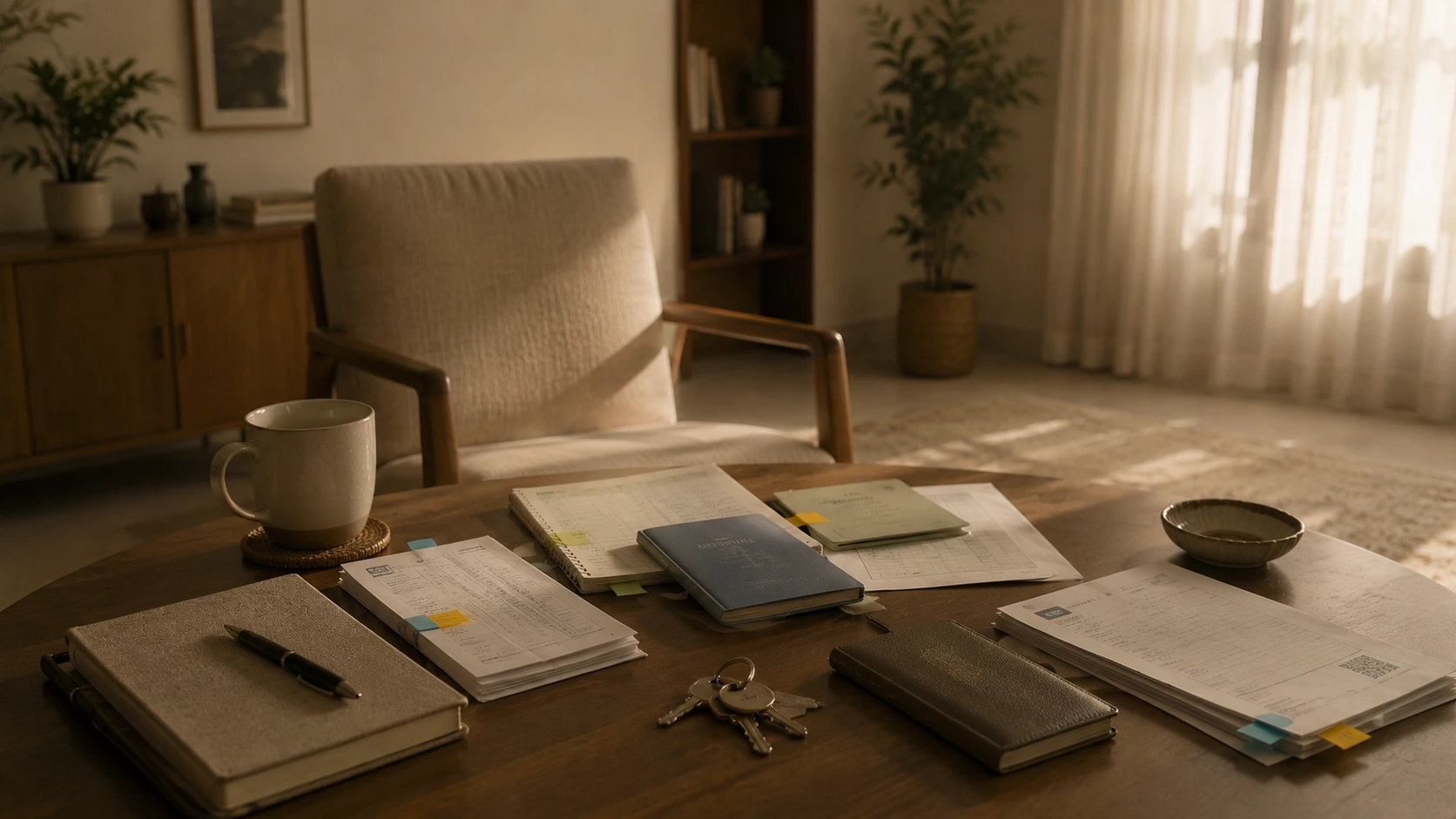 Financial papers, passbooks, and keys spread across a table in a quiet living room.