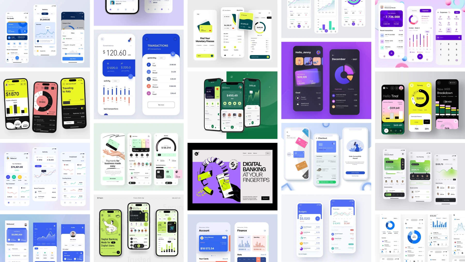 A moodboard of fintech app screens across many visual styles.