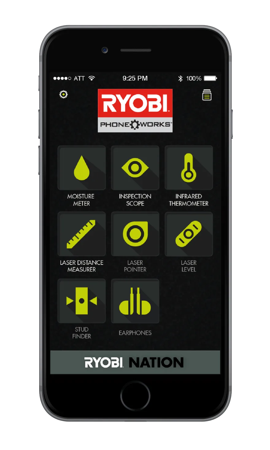 The Ryobi Phone Works app home: one tool grid for all eight connected devices.
