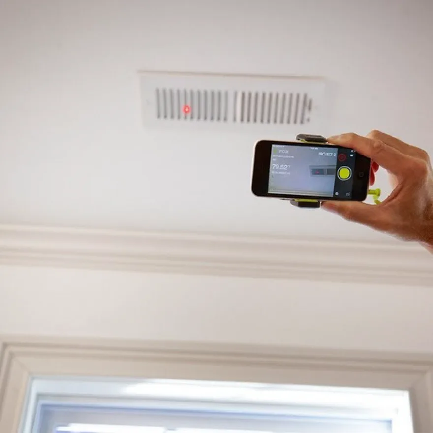 On site, a Ryobi Phone Works tool docks to the phone, which does the reading and the recording.