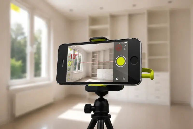 The Ryobi Phone Works laser level, its crosshair and angle read out over the room on the phone