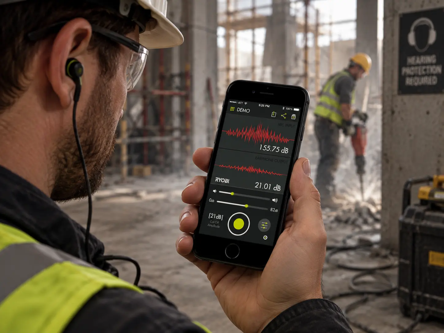 Noise-suppressing earbuds on site: input and output levels with a manual cut-off, in the same visual language as the measuring tools.