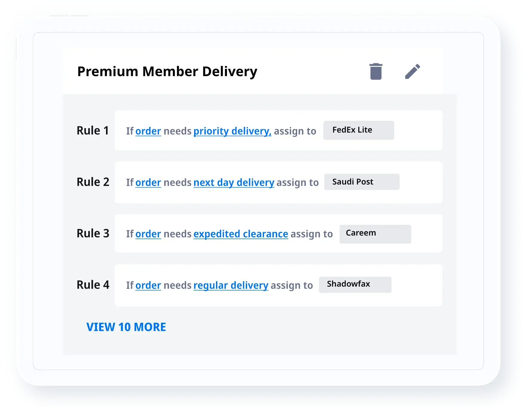 Business rules for a delivery tier: each condition assigned to the carrier that should serve it.