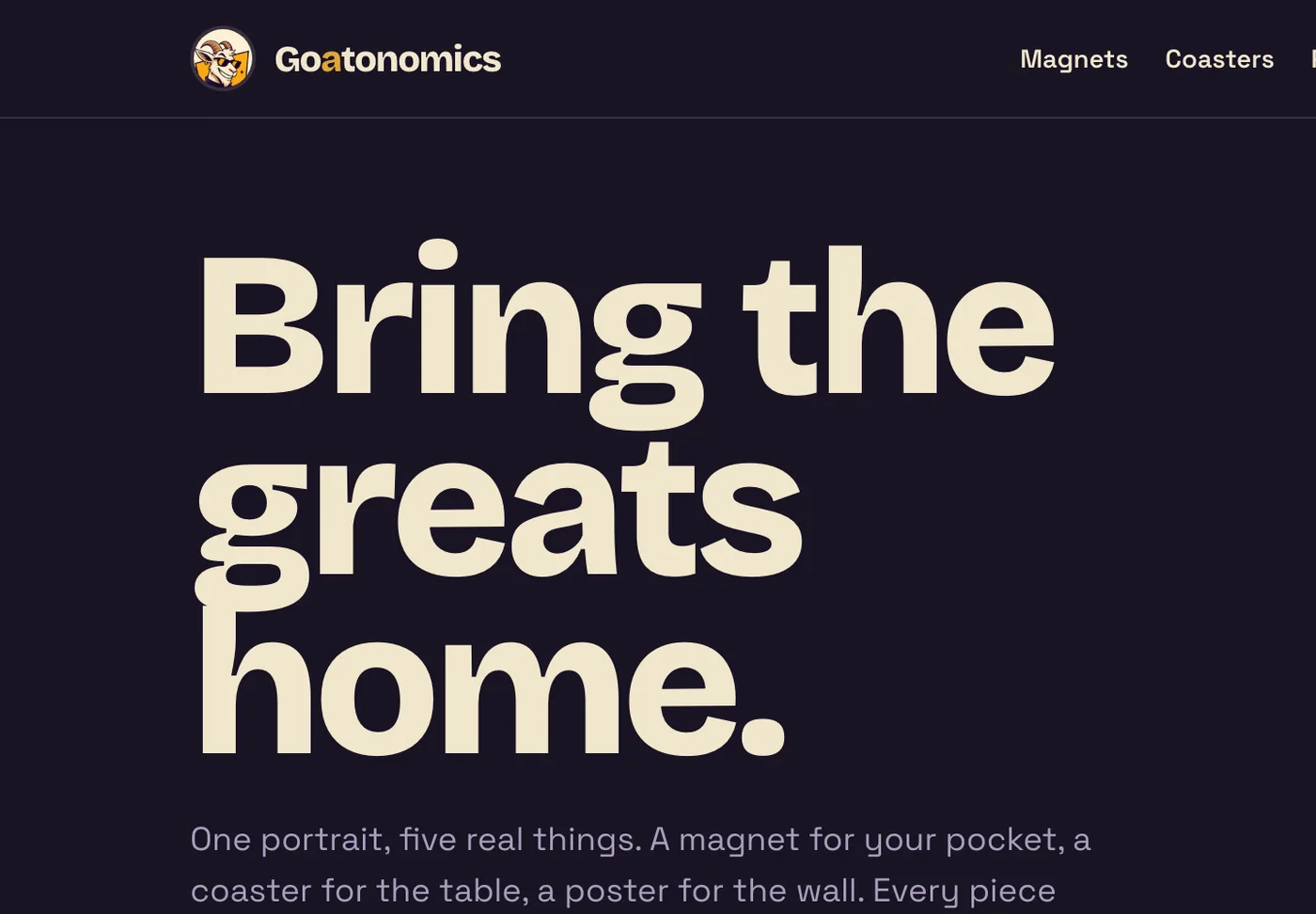 The Goatonomics storefront, bring the greats home, fan-made portraits of sporting greats