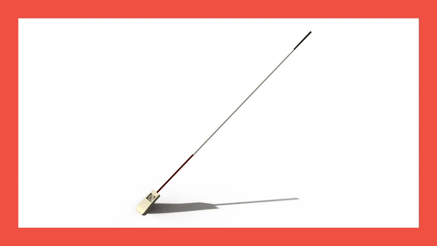 A render of the Lead foldable smart cane with its sensor tip module