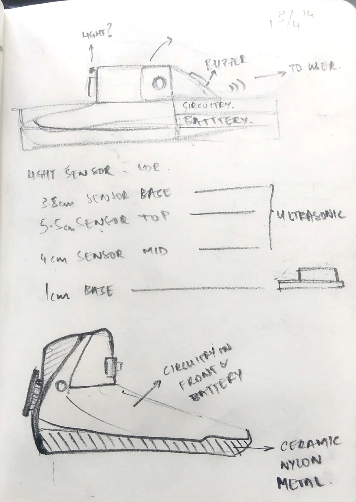 The tip in section: the ultrasonic sensor, light sensor, and buzzer placed to the millimetre, battery and circuitry behind, explored in ceramic, nylon, and metal.