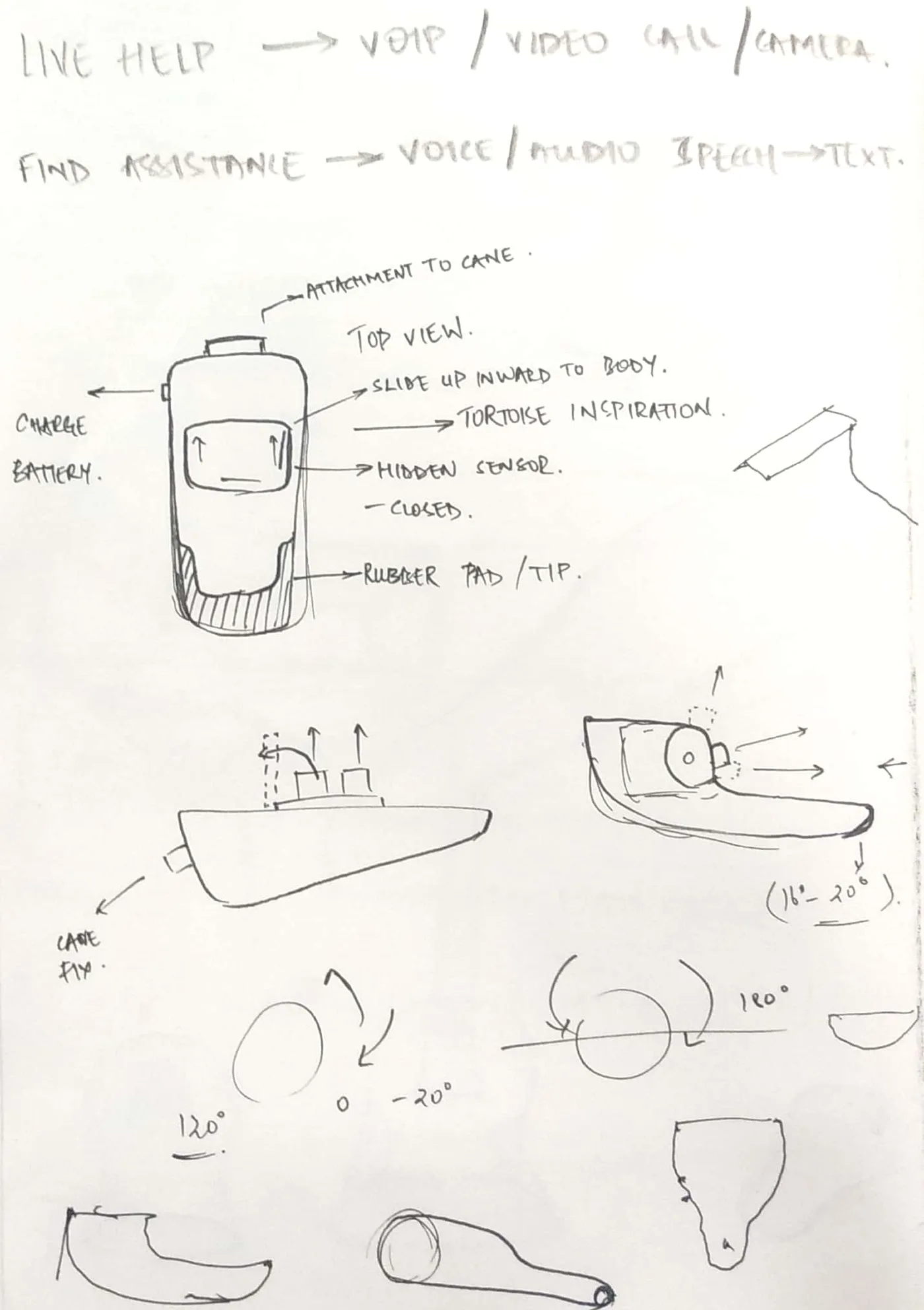 The tip module worked out on paper: a tortoise-inspired housing the sensor tucks into, with the cane fixing and the cone angles studied.