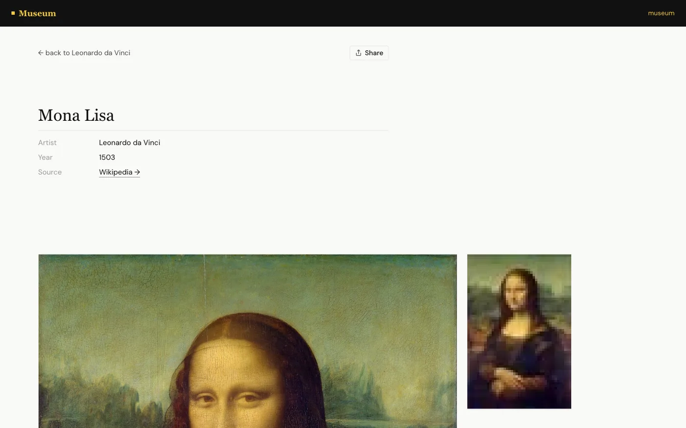 The study page keeps the artwork central and switches lenses instead of stacking sections.