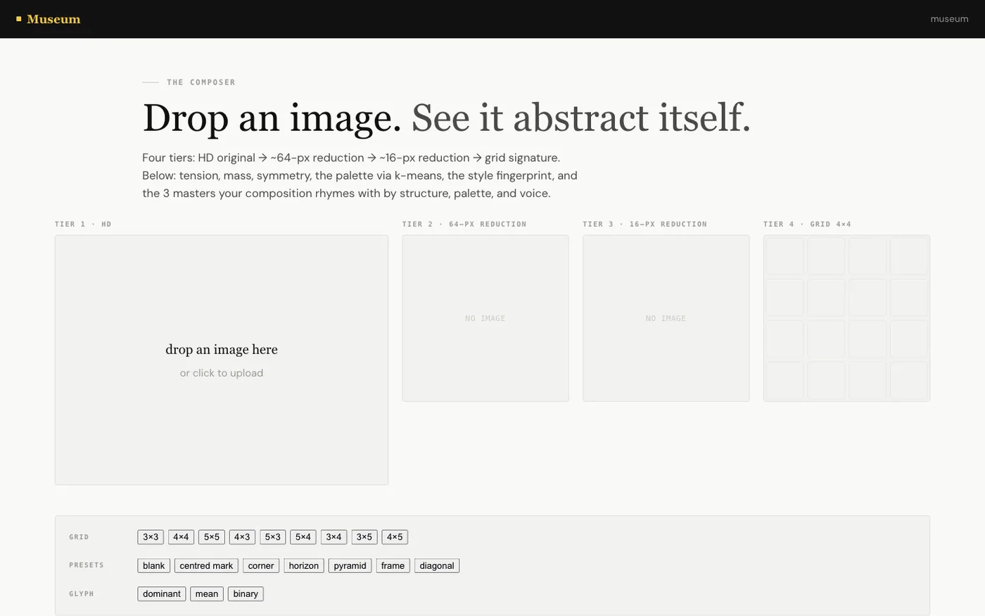 The Composer: drop in any image and see which master your composition rhymes with, entirely in the browser.