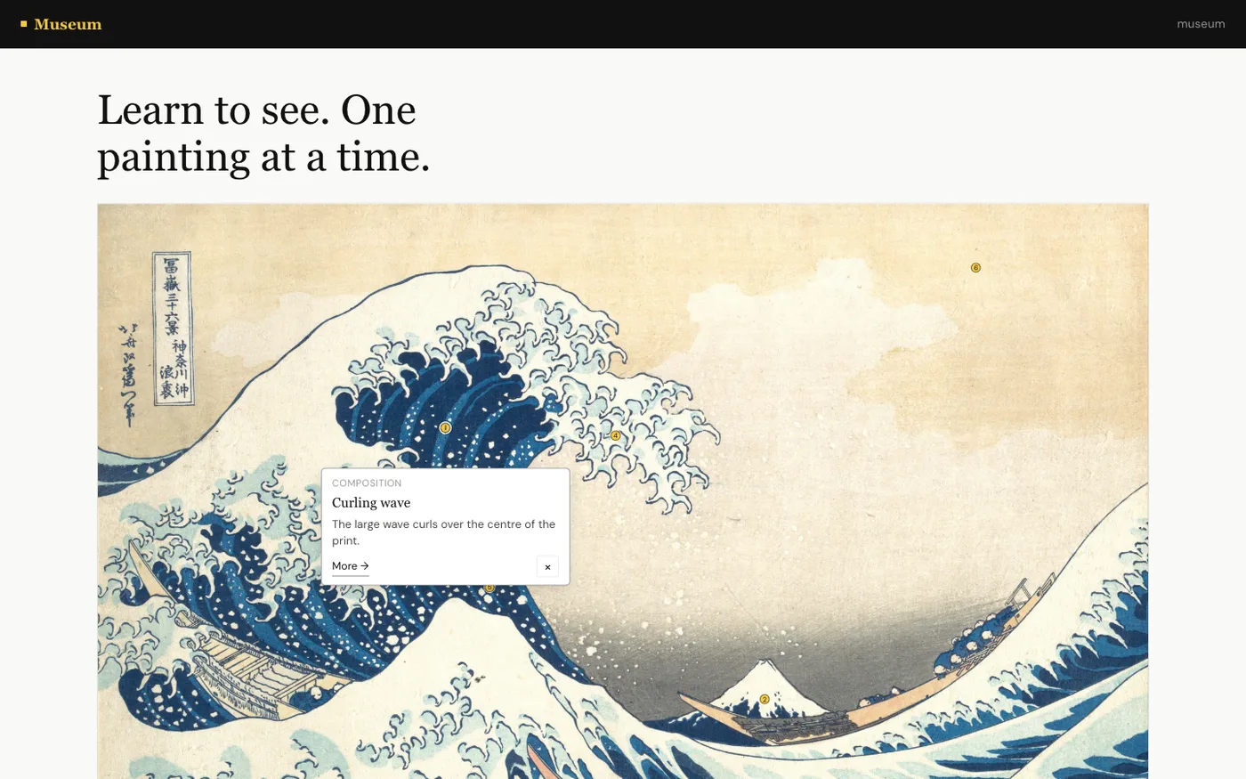 The SpaceMass museum home, reading Hokusai's Great Wave with live annotation markers