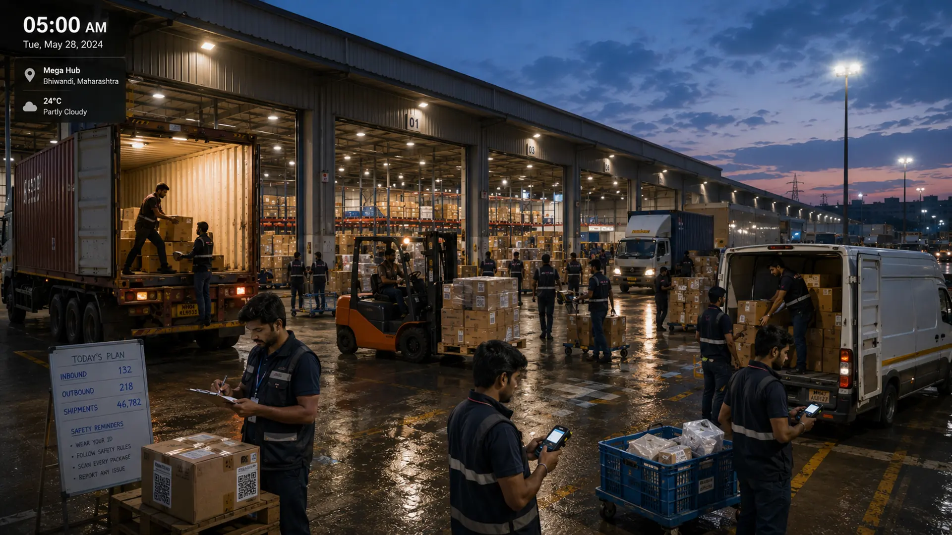 Five in the morning at a delivery hub, scanners in every hand.